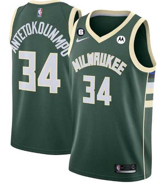 Men%27s Milwaukee Bucks #34 Giannis Antetokounmpo White With No.6 Patch Stitched Basketball Jersey